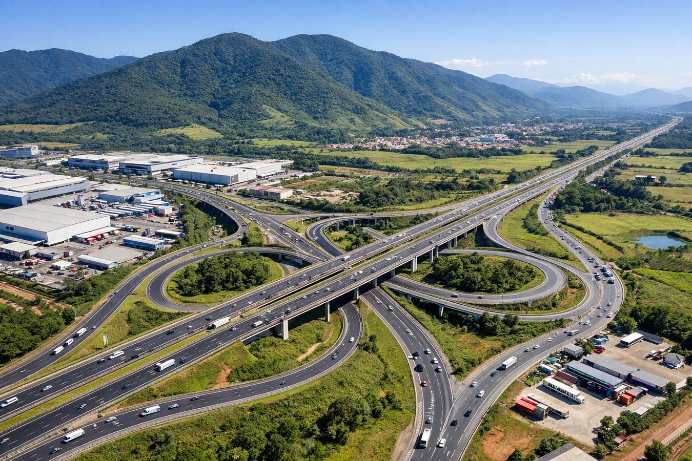 Vista aérea de eixos rodoviários e complexo industrial em região de encosta